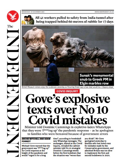The Independent (UK) Newspaper Front Page for 30 November 2023