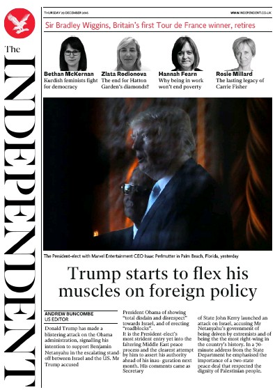 The Independent Newspaper Front Page for 30 December 2016