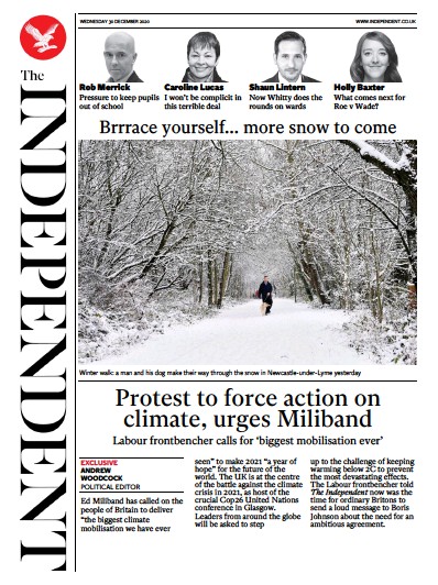 The Independent (UK) Newspaper Front Page for 30 December 2020