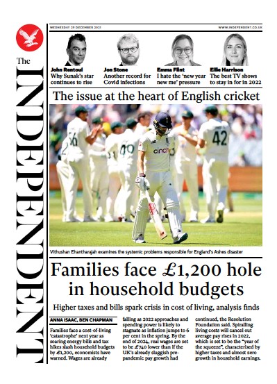 The Independent (UK) Newspaper Front Page for 30 December 2021