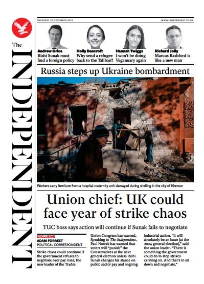 The Independent Newspaper Front Page for 30 December 2022