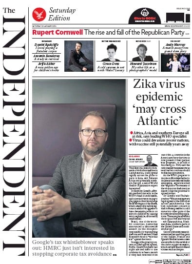 The Independent (UK) Newspaper Front Page for 30 January 2016