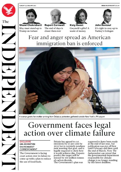 The Independent Newspaper Front Page for 30 January 2017