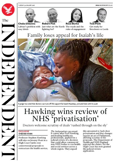 The Independent (UK) Newspaper Front Page for 30 January 2018