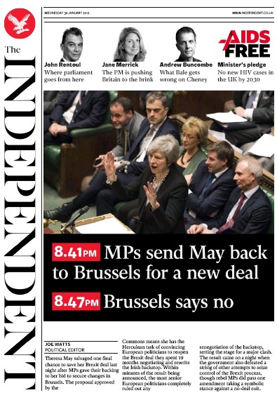 The Independent Newspaper Front Page for 30 January 2019