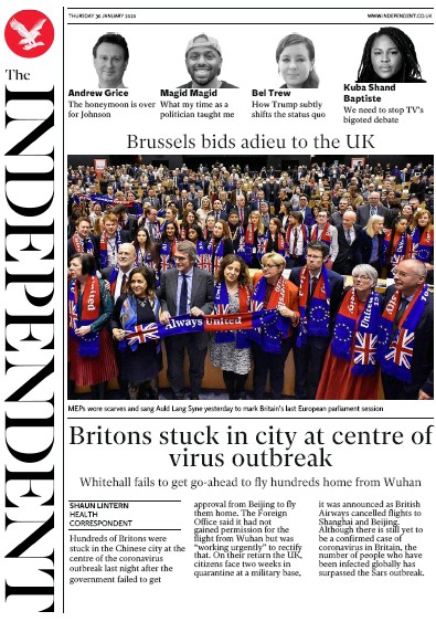 The Independent Newspaper Front Page for 30 January 2020