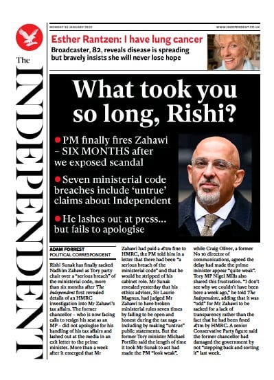 The Independent (UK) Newspaper Front Page for 30 January 2023