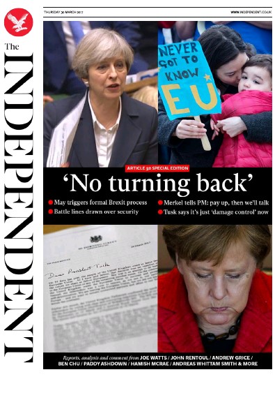 The Independent (UK) Newspaper Front Page for 30 March 2017