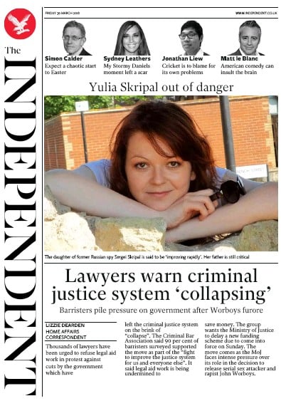 The Independent Newspaper Front Page for 30 March 2018