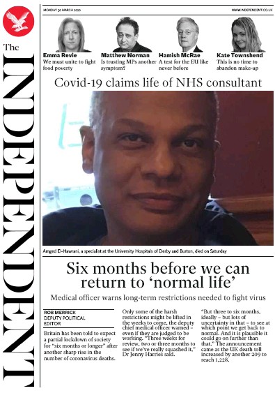 The Independent Newspaper Front Page for 30 March 2020