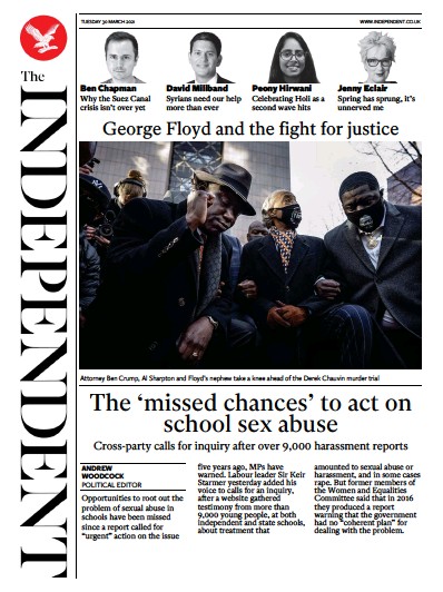 The Independent (UK) Newspaper Front Page for 30 March 2021