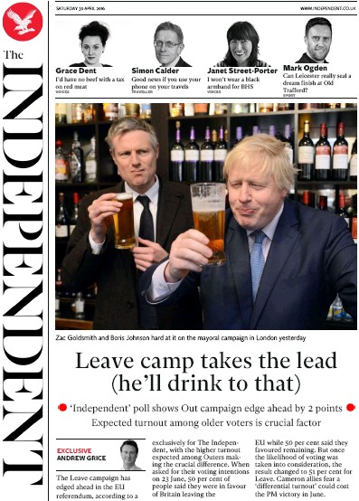The Independent (UK) Newspaper Front Page for 30 April 2016