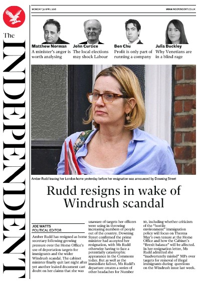 The Independent Newspaper Front Page for 30 April 2018