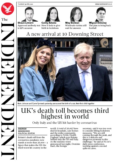 The Independent Newspaper Front Page for 30 April 2020