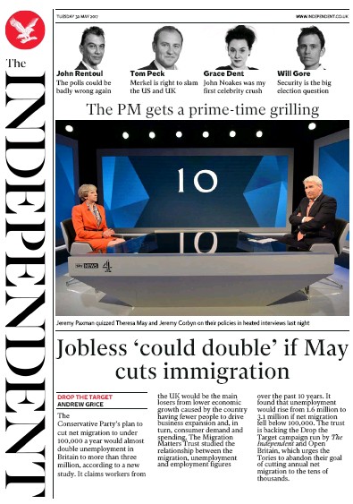 The Independent (UK) Newspaper Front Page for 30 May 2017