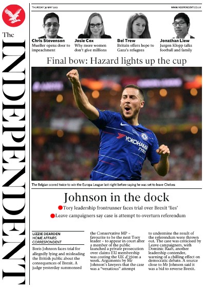 The Independent Newspaper Front Page for 30 May 2019