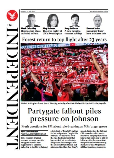 The Independent (UK) Newspaper Front Page for 30 May 2022