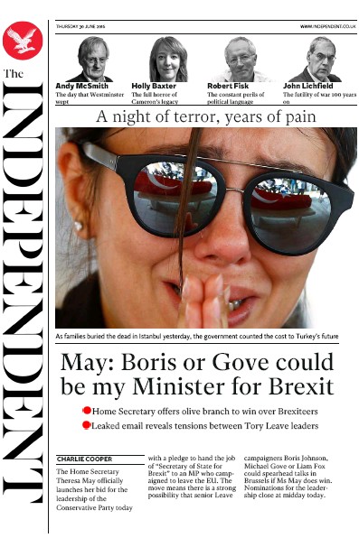 The Independent Newspaper Front Page for 30 June 2016
