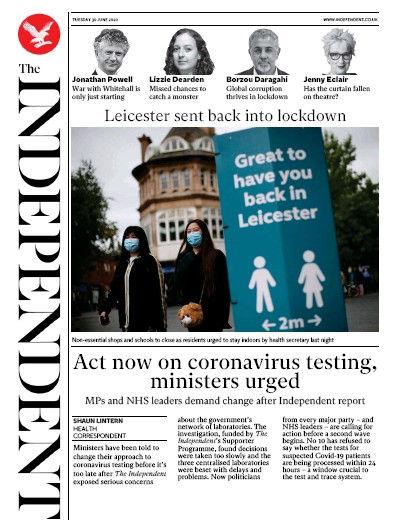 The Independent (UK) Newspaper Front Page for 30 June 2020