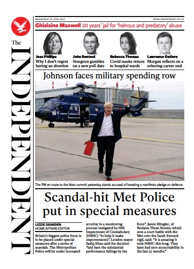 The Independent (UK) Newspaper Front Page for 30 June 2022