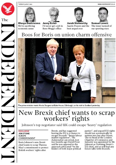 The Independent Newspaper Front Page for 30 July 2019