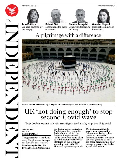 The Independent Newspaper Front Page for 30 July 2020