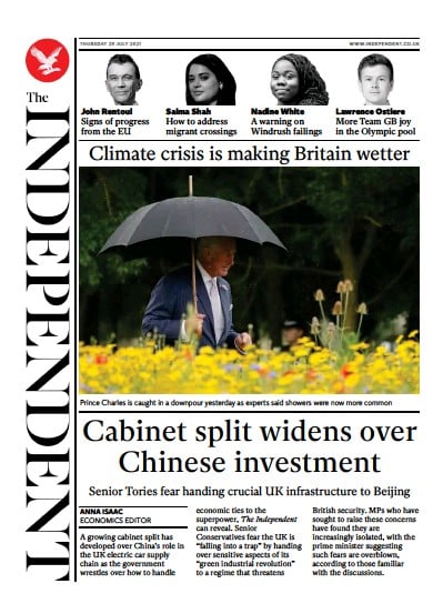 The Independent (UK) Newspaper Front Page for 30 July 2021