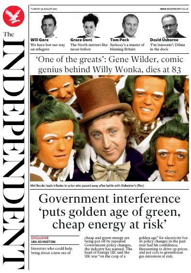 The Independent Newspaper Front Page for 30 August 2016