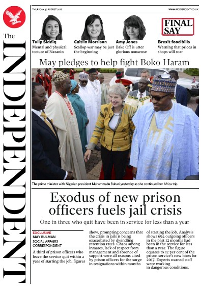 The Independent Newspaper Front Page for 30 August 2018