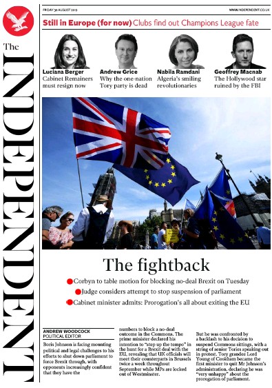 The Independent Newspaper Front Page for 30 August 2019
