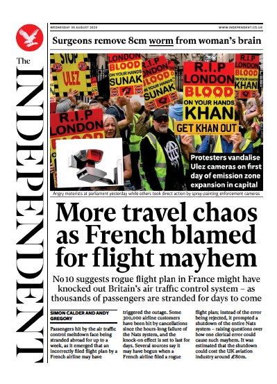 The Independent (UK) Newspaper Front Page for 30 August 2023