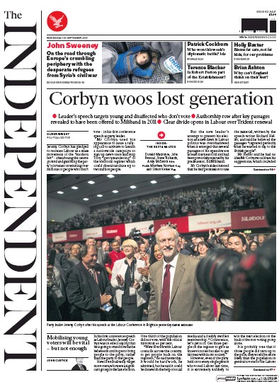 The Independent Newspaper Front Page for 30 September 2015