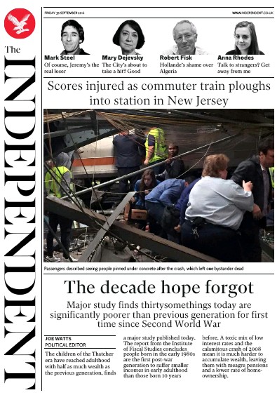 The Independent Newspaper Front Page for 30 September 2016