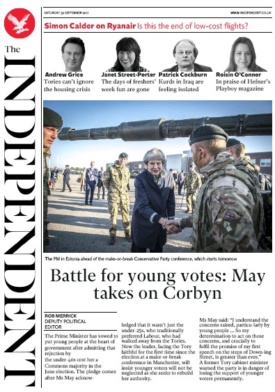 The Independent Newspaper Front Page for 30 September 2017