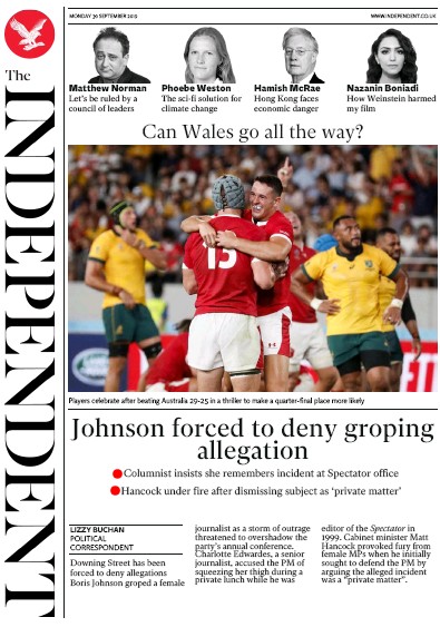 The Independent Newspaper Front Page for 30 September 2019
