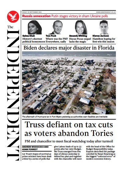 The Independent (UK) Newspaper Front Page for 30 September 2022
