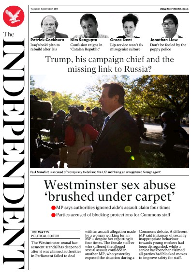 The Independent Newspaper Front Page for 31 October 2017