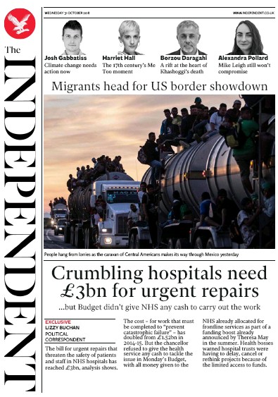 The Independent Newspaper Front Page for 31 October 2018
