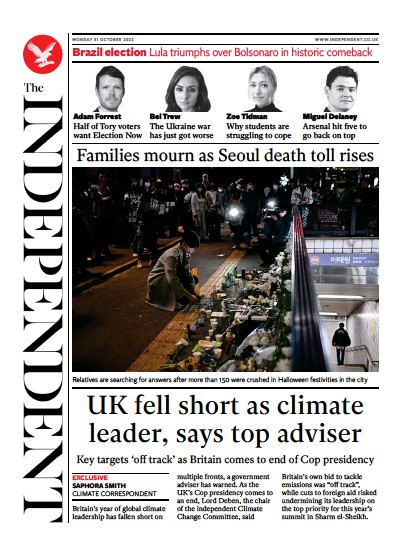 The Independent (UK) Newspaper Front Page for 31 October 2022
