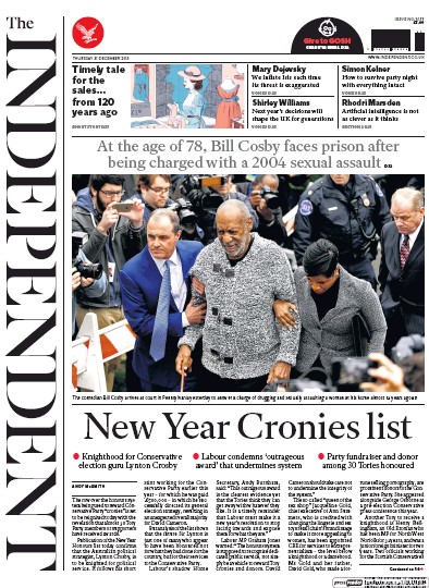 The Independent (UK) Newspaper Front Page for 31 December 2015