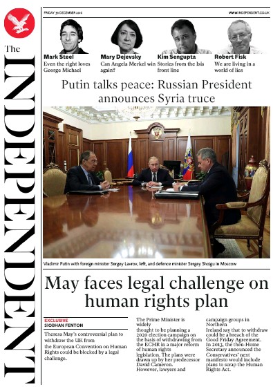 The Independent Newspaper Front Page for 31 December 2016