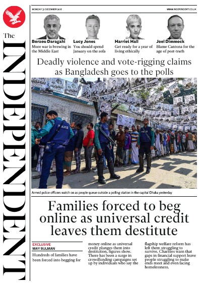 The Independent Newspaper Front Page for 31 December 2018