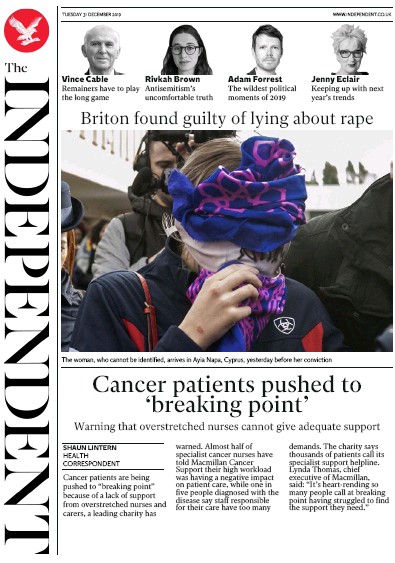The Independent Newspaper Front Page for 31 December 2019