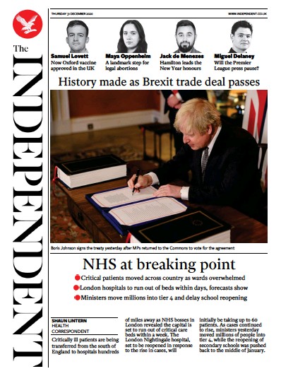 The Independent Newspaper Front Page for 31 December 2020