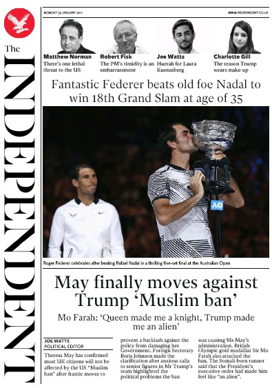 The Independent Newspaper Front Page for 31 January 2017