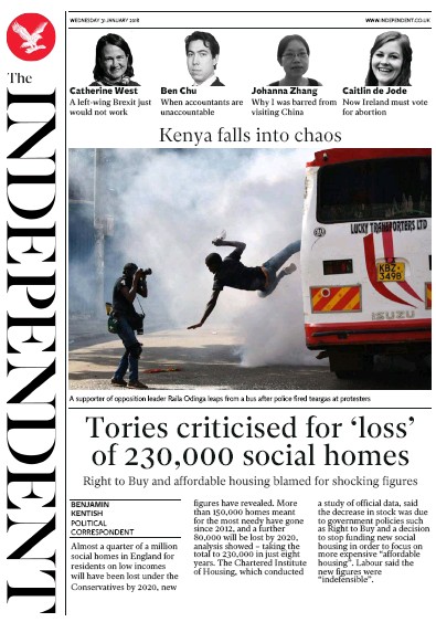 The Independent Newspaper Front Page for 31 January 2018
