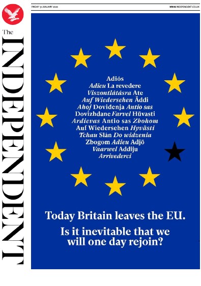 The Independent Newspaper Front Page for 31 January 2020