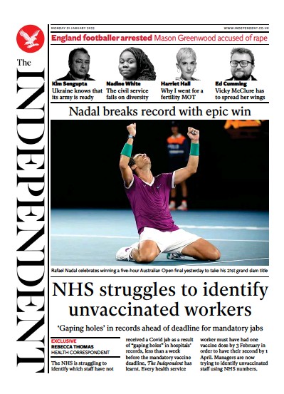 The Independent (UK) Newspaper Front Page for 31 January 2022