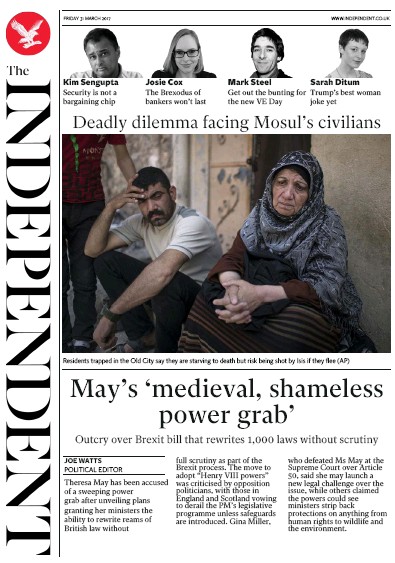 The Independent Newspaper Front Page for 31 March 2017