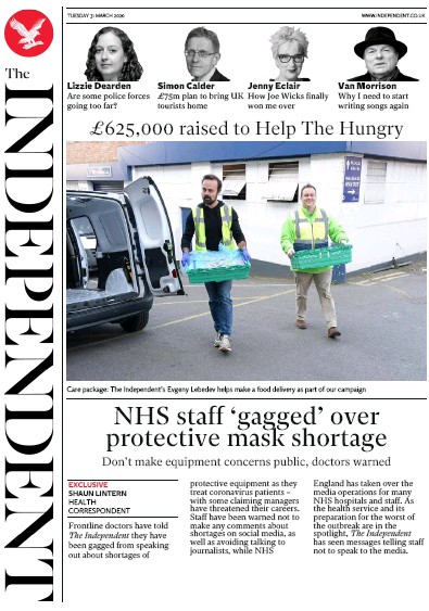The Independent Newspaper Front Page for 31 March 2020